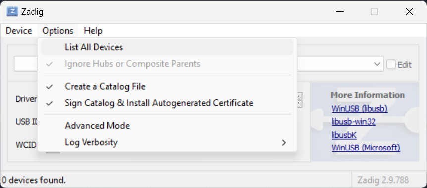 Zadig Options menu showing List All Devices