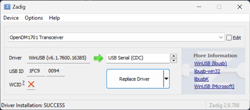 Zadig showing USB Serial (CDC) driver selection for reverting