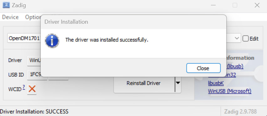 Zadig showing driver installation success