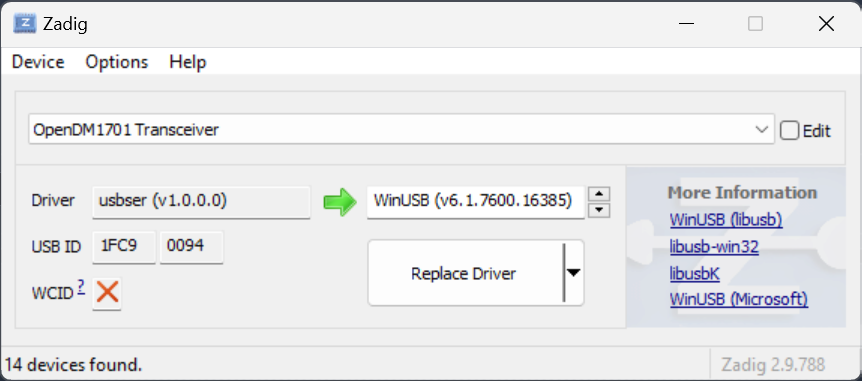 Zadig showing the target device selected with WinUSB driver